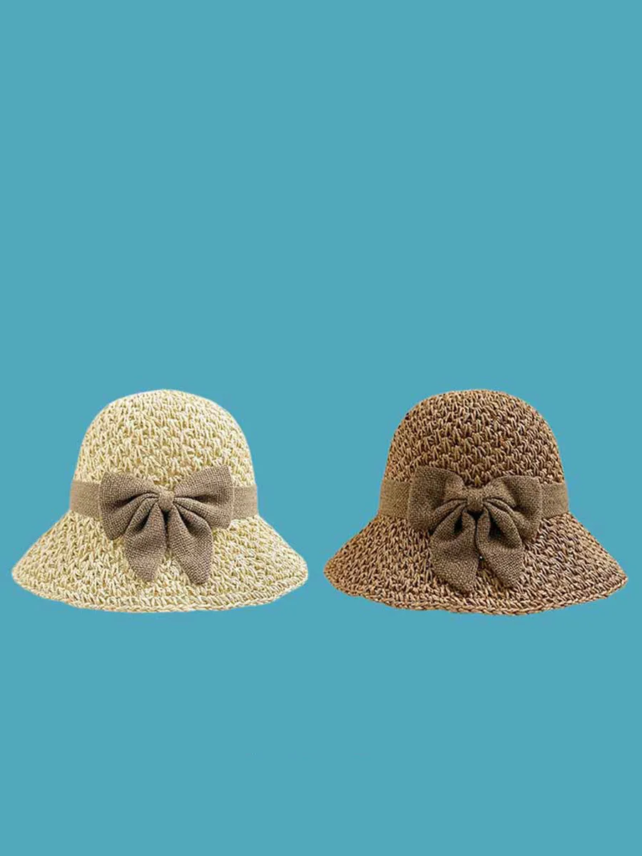 Women Summer Artsy Bowknot Straw Knitted Sun Hat