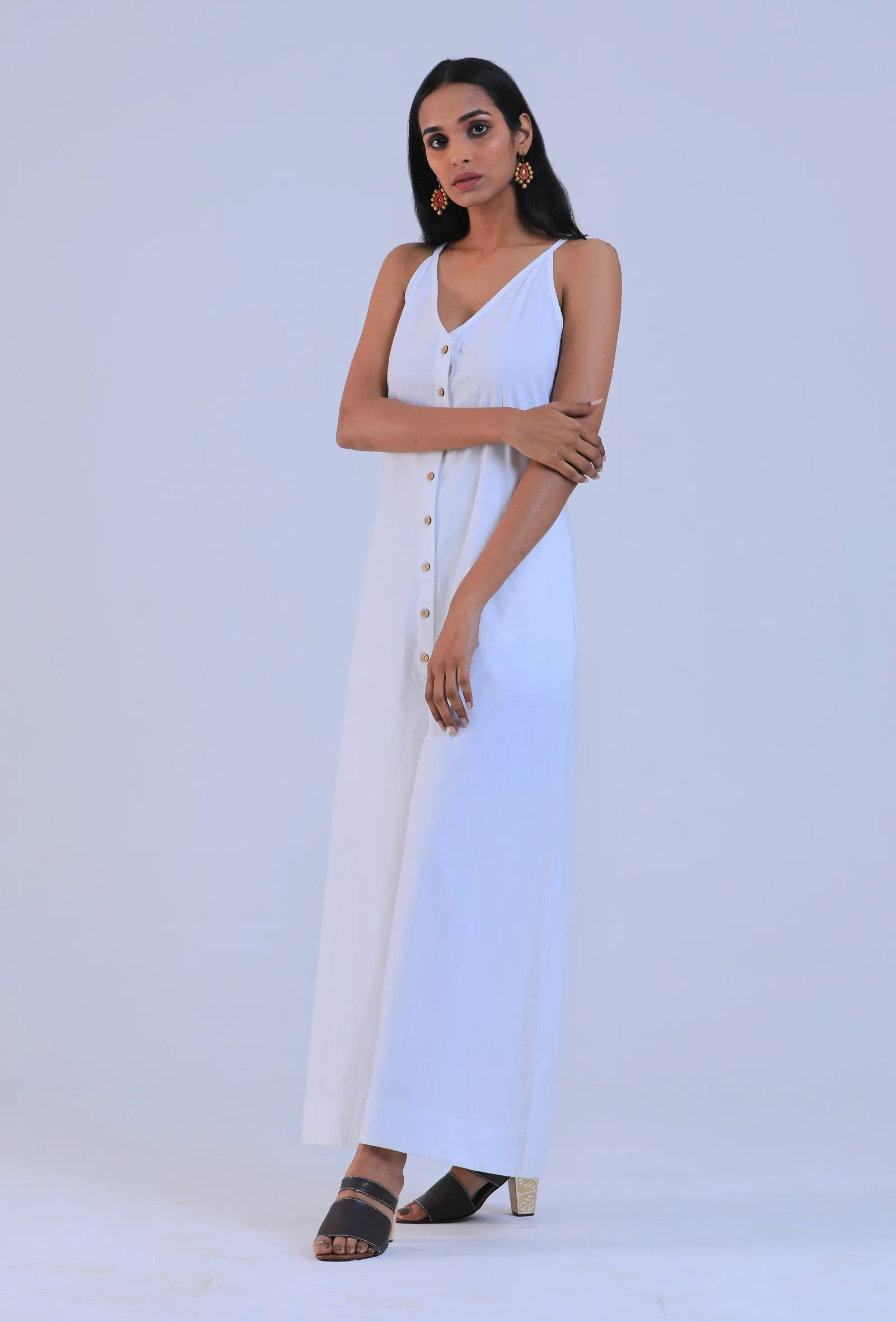 Women White Cotton V-Neck Regular Fit Dresses