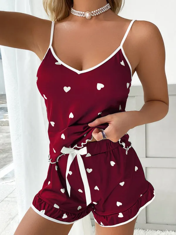 Women's Heart Print Camisole   Shorts Pajamas Two-Piece Set