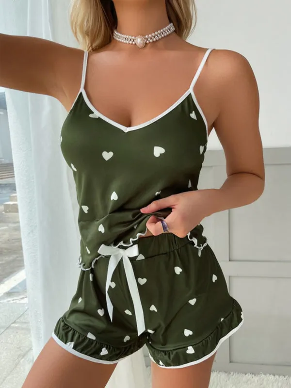 Women's Heart Print Camisole   Shorts Pajamas Two-Piece Set