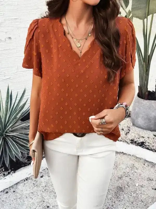 Women’s New solid Color V-neck Ruffle Sleeve Top