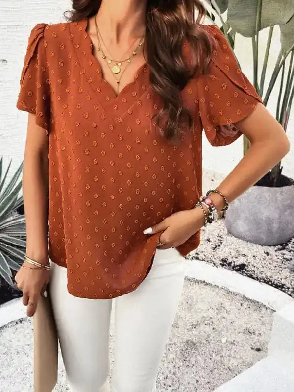 Women’s New solid Color V-neck Ruffle Sleeve Top