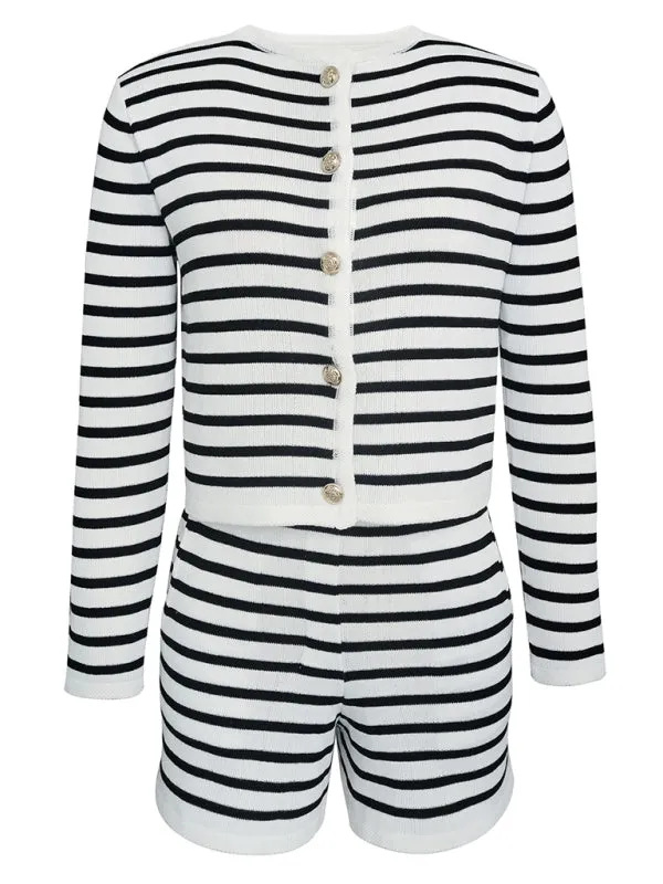 Women's striped simple cardigan shorts two-piece suit