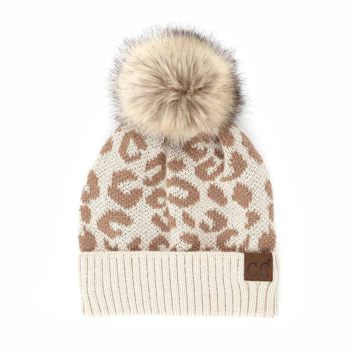 YJ2091 Audrey Leopard Pattern Pom Beanie