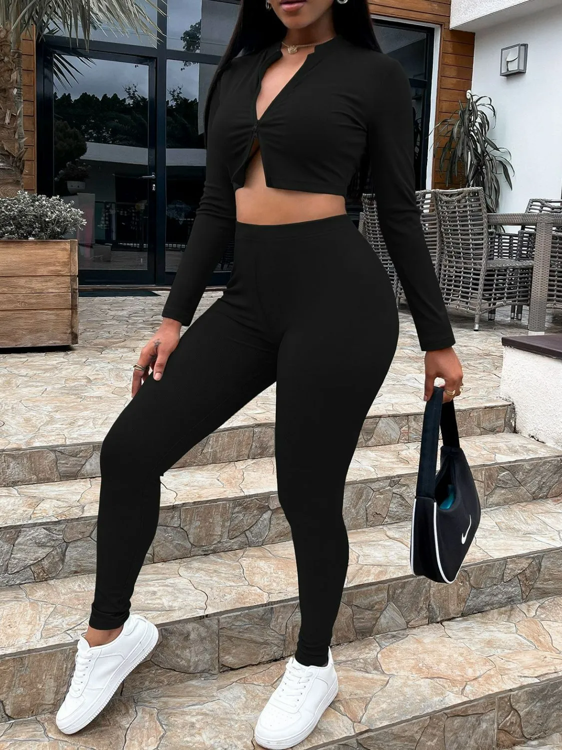 Zip Up Crop Top and Leggings Set